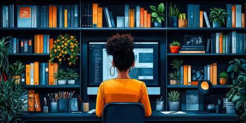 Poster - Creative Workspace with Modern Graphic Design Software and Vibrant Bookshelf Background
