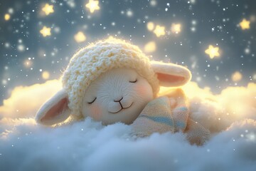 Wall Mural - Cozy Lamb Plushie in Winter Snow