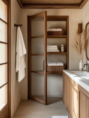 Canvas Print - Modern Bathroom Linen Closet Design With Wooden Accents