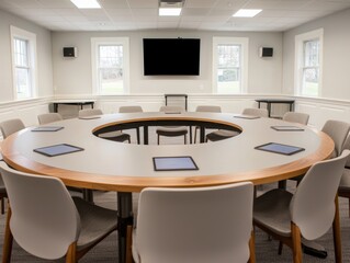 Aufkleber - Large round table with tablets in a tech-enabled conference room