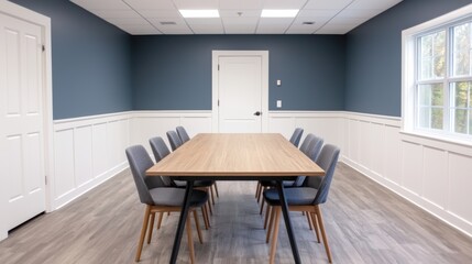 Aufkleber - Modern conference room featuring a large wooden table and comfortable chairs, ideal for productive meetings