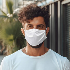 Close up portrait of Arabian man wearing white plain surgical face mask