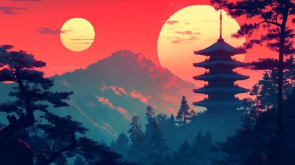 Wall Mural - Stunning Sunset Pagoda Landscape Art Print