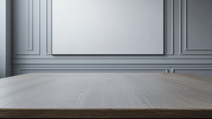 Poster - Wooden table surface with blank presentation screen in modern boardroom