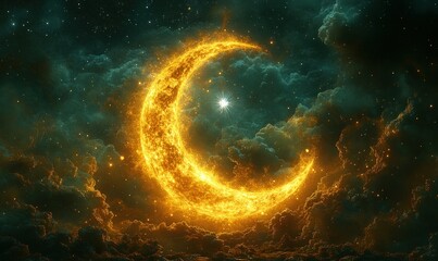 Wall Mural - Fiery crescent moon in starlit, cloudy night.