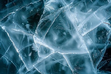 Poster - Close-up of cracked transparent ice surface with intricate fractures and patterns. Abstract winter photography for design and background.