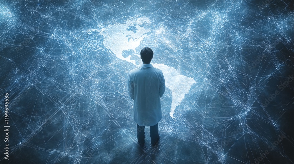 A doctor standing in front of a map of the world with a network of ...