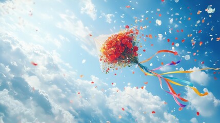 whimsical kite shaped like a bouquet of red roses with colorful ribbons flying high in a clear blue 