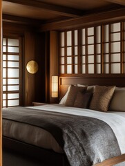 Sticker - Serene Bedroom With Wooden Shoji Screen And Modern Bedding