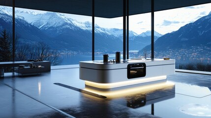 Wall Mural - Modern kitchen with mountain view.