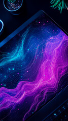 Leinwandbilder - Hypnotic Neon Abstract on Laptop Display: Glowing Purple and Cyan Waves