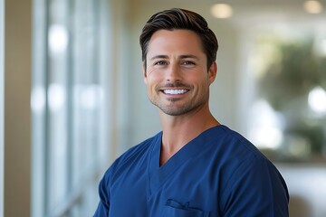 Wall Mural - Smiling Male Doctor in Scrubs near Window