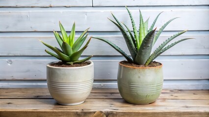 Two potted aloe plants with green foliage on a wooden surface.