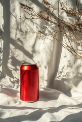 Poster - Vibrant Red Beverage Can Surrounded by Delicate Shadows and Dried Flowers on Soft White Fabric Creating a Serene and Aesthetic Still Life Composition