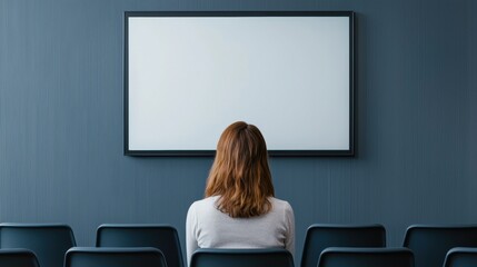 Poster - Businesswoman sitting in conference room looking at blank interactive display screen