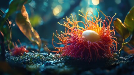 Wall Mural - Rambutan fruit on forest floor, glowing.