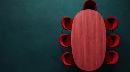 Aufkleber - Oval meeting table surrounded by red chairs promoting brainstorming and innovative solutions