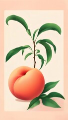 Wall Mural - Ripe peach with leaves, orchard background, food illustration.