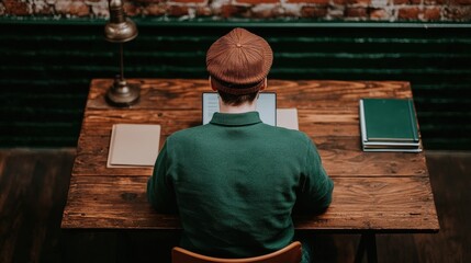 Poster - Professional working from home at wooden desk using laptop, organizing work with notebooks and folders