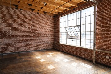 Spacious loft with exposed brick walls, large windows, and wooden floors. Bright loft space with brick and wood elements. Industrial loft with natural light. Urban loft with brick wall home interior.