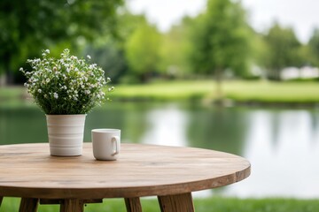 Aufkleber - Coffee cup and flowers on wooden table by the pond enjoying natural light
