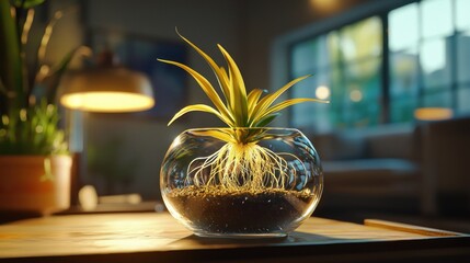 Canvas Print - Indoor plant with exposed roots in a glass bowl on a coffee table.