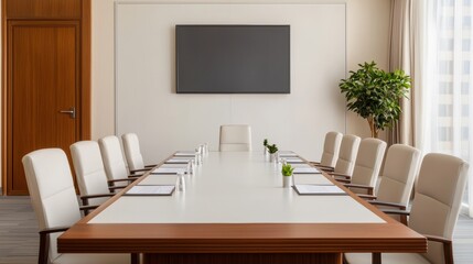 Aufkleber - Modern boardroom with empty chairs and large screen displaying information
