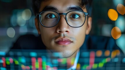 Poster - Close up portrait of a focused young Asian businessman in glasses intently analyzing financial data and charts on a digital screen representing strategic planning investment and business growth