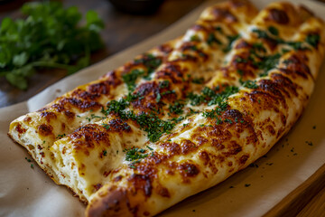 Food photography of long thin pizza bread with cheese and herbs, on the table