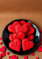 Wall Mural - Close-up of red velvet heart-shaped cookies on a dark plate against a rustic backdrop love heart valentine vector romantic valentines backdrop