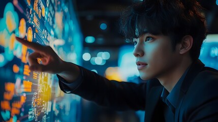 Poster - Close up of a young Asian businessman pointing at a digital screen while making a business presentation or discussing data analytics in a corporate office setting  The man is focused and engaged