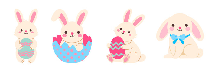 Wall Mural - a set of four rabbits holding eggs. the first rabbit is holding an egg in its mouth, the second is h