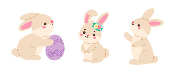 Wall Mural - three rabbits are playing with an egg. one of the rabbits is holding the egg. the other two rabbits 