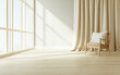 © Chari - Cozy and bright corner with wooden chair and warm sunlight streaming through large windows
