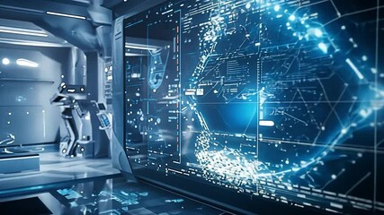 Poster - Futuristic Control Room: A futuristic control room is illuminated by glowing holographic displays, showcasing intricate data patterns and networks.