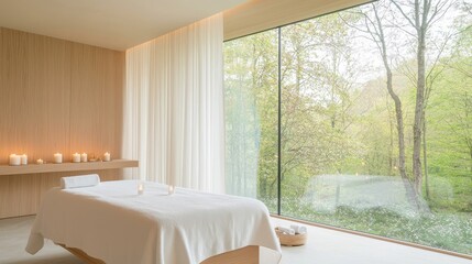 Wall Mural - Soft travel concept. Serene spa room with a massage table and large windows overlooking nature.