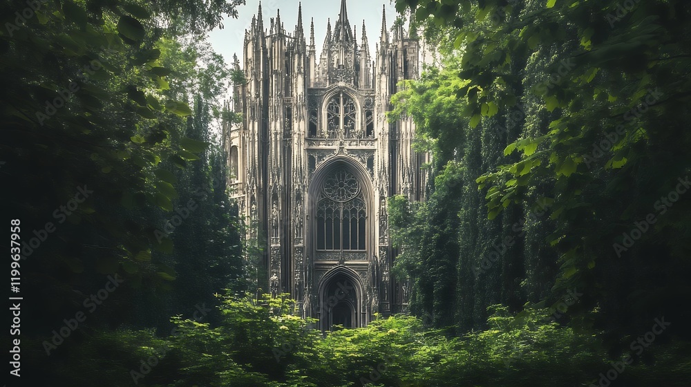 Gothic Cathedral Hidden in Lush Green Forest Stock Illustration | Adobe ...