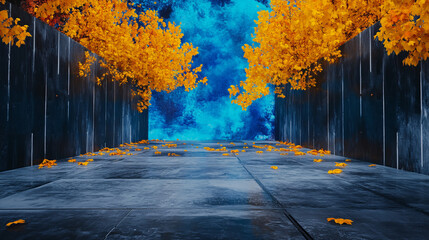 Wall Mural - surreal landscape featuring pathway lined with vibrant orange trees, leading to blue abstract background. scene evokes sense of tranquility and wonder