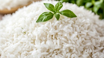 a pile of white rice with a green leaf on top
