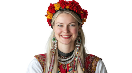 Portrait of a young woman in traditional attire with floral accessories, showcasing cultural heritage and vibrant expression on a white background.