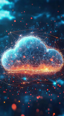 Poster - Cloud computing network with connecting lines and dots forming a cloud on dark blue background, concept of cloud computing and data storage