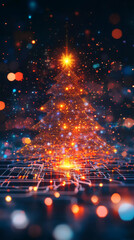 Aufkleber - Luminous christmas tree adorning metallic circuit board, sparkling with snowflakes and glimmering bokeh lights