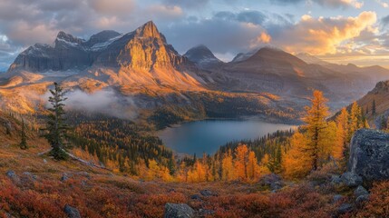 Wall Mural - a serene mountain valley at sunrise, misty peaks rising above a crystalline lake, ethereal golden light filtering through clouds, panoramic composition with rich autumn colors