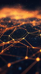 Aufkleber - Complex network is forming with glowing dots and lines on dark background with orange nebula, perfect for technology and communication concepts