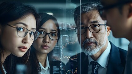 Poster - Dynamic Asian business team members collaborating and reviewing a strategic plan displayed on a glass board during a corporate meeting or presentation