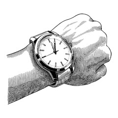Wall Mural - hand with wristwatch timepiece detailed black and white outline line art drawing