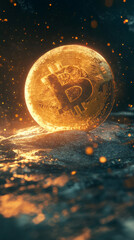 Poster - Glowing golden bitcoin hovering over shadowy background, radiant sparks illuminating digital currency landscape with intense visual energy
