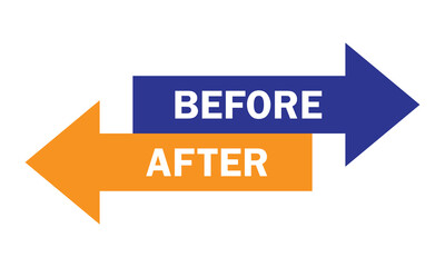 Fototapete - Before and after icon. Set of labels showing left, right arrows symbol isolated on white background. Before and after vector icon in blue and yellow filled colourful graphic design.