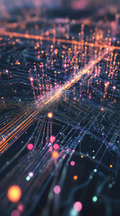 Leinwandbilder - Colorful data streams flowing through a network, symbolizing information exchange in a futuristic urban environment