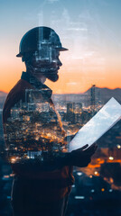 Poster - Architect examining blueprint with double exposure city and digital wireframe hologram at sunset